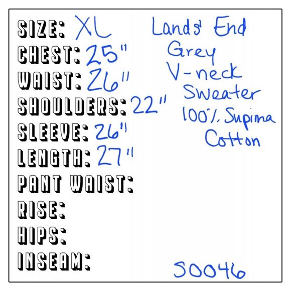 Lands End Mens XL 46-48 Sweater V Neck Long Sleeve Supima Cotton Grey - Picture 8 of 8